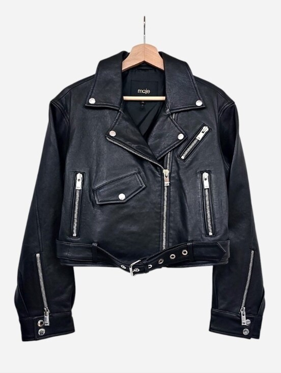Maje Jackets & Blazers - New Maje Besley Black Leather Biker Moto Jacket, Cropped Belted, FR 40/US 8